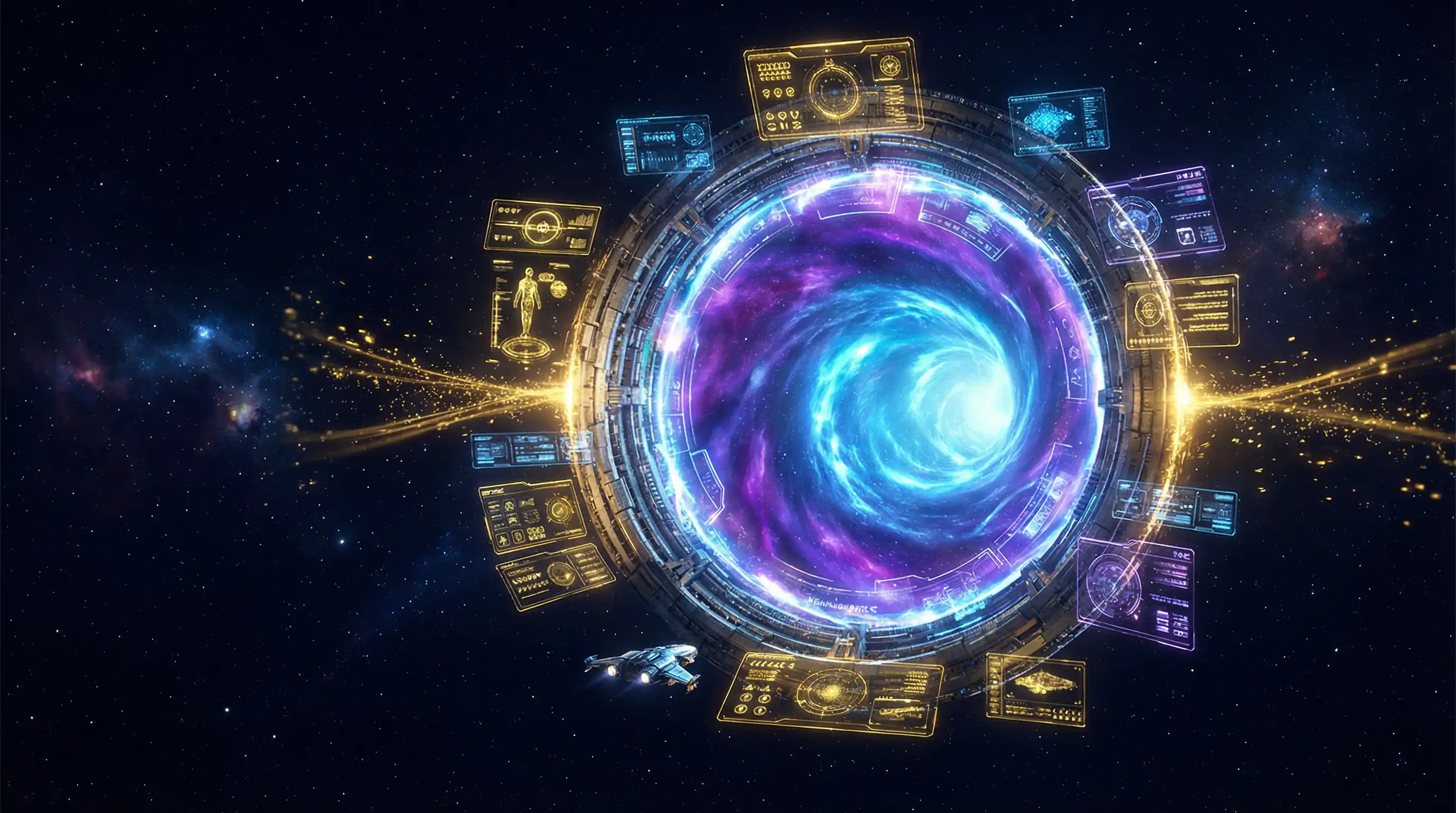 描绘星门网络跃迁瞬间的艺术概念图